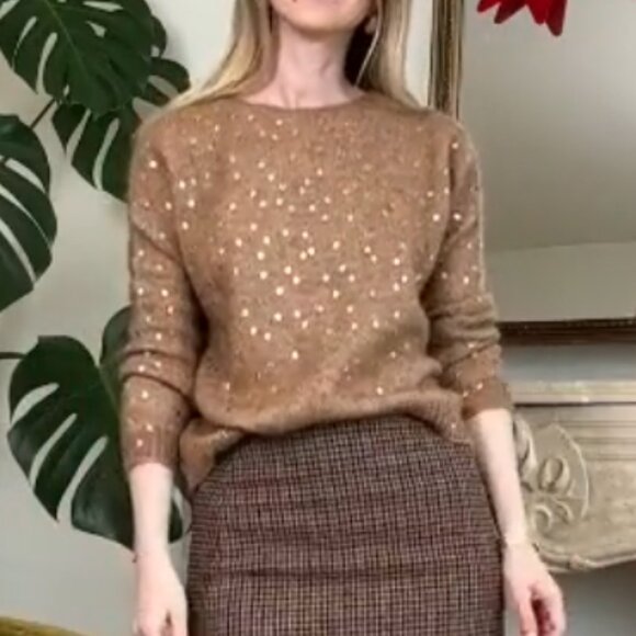 BEST Sezane Lizy Cardigan Camel Gold Polka Dot French Wool Causal - Picture 5 of 11